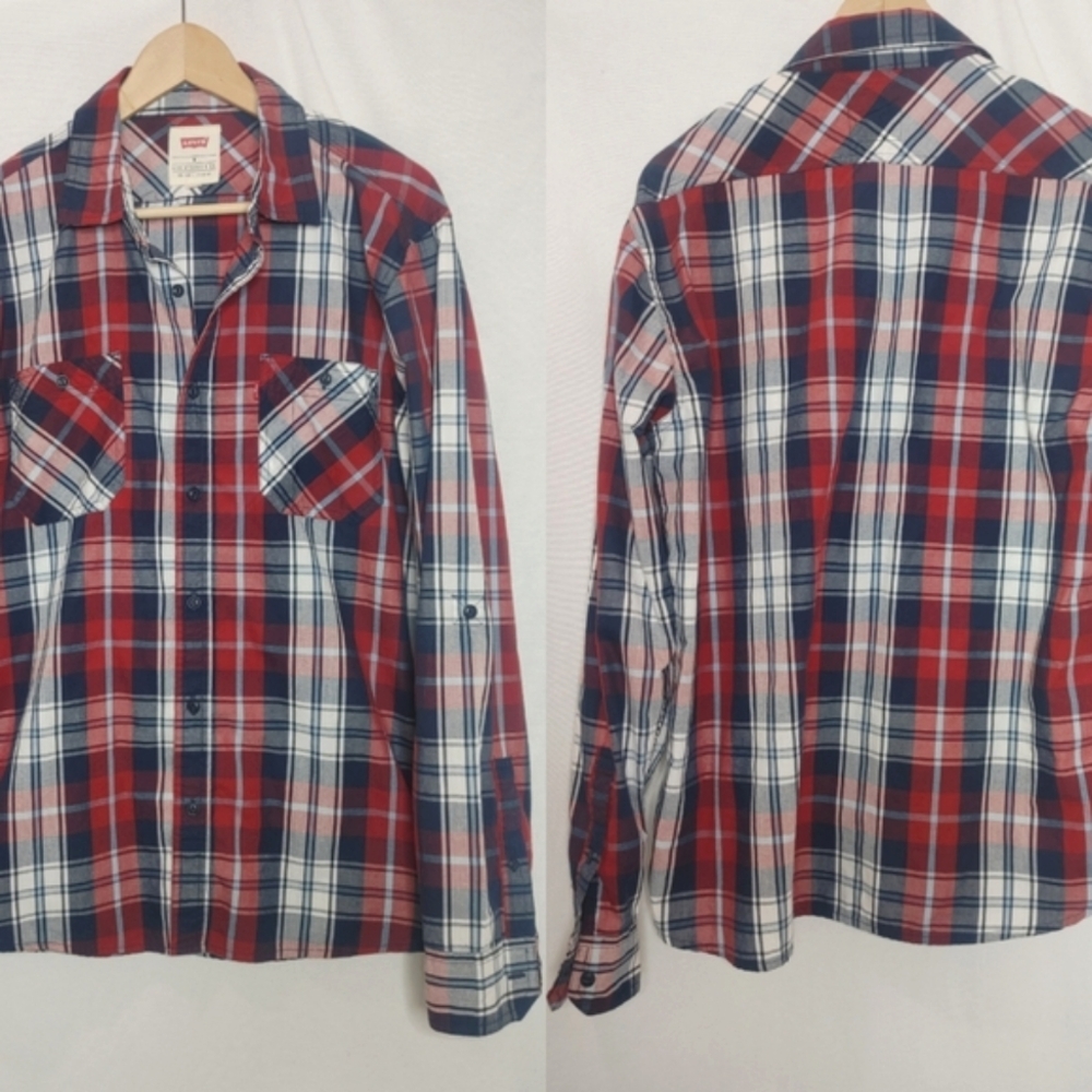 Levi's Long Sleeve Button‎ Front Shirt Tab Sleeve White Red Blue Medium M
